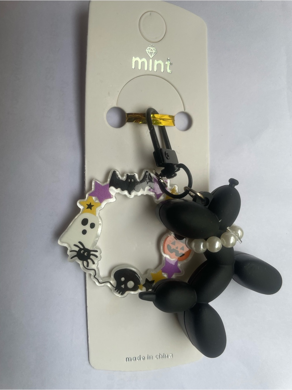 Mint Black Balloon Dog Keychain with Halloween Ring Charm Zipper Pull